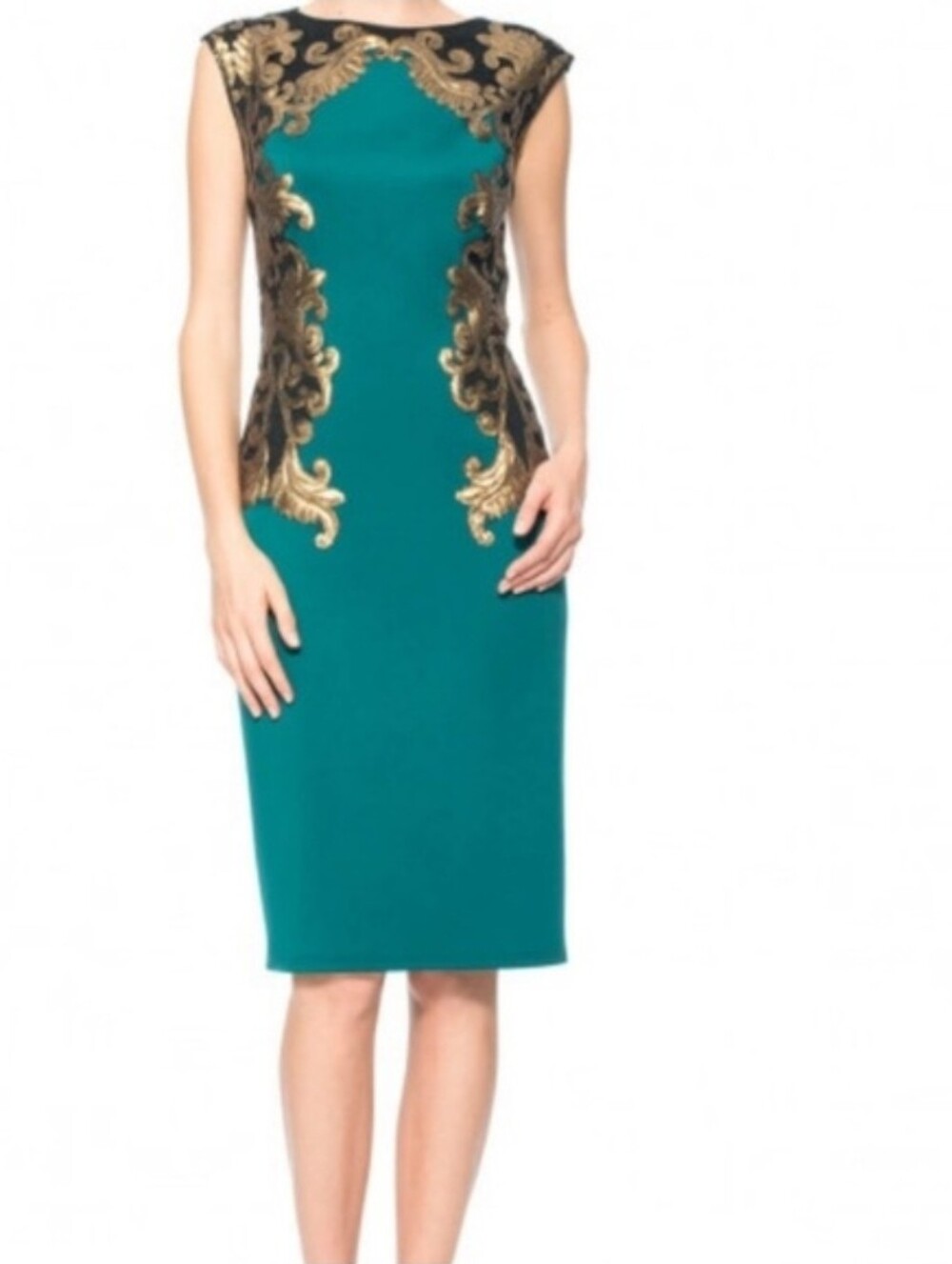Tadashi Shoji Sequin Neoprene Dress Emerald Green/Gold Black